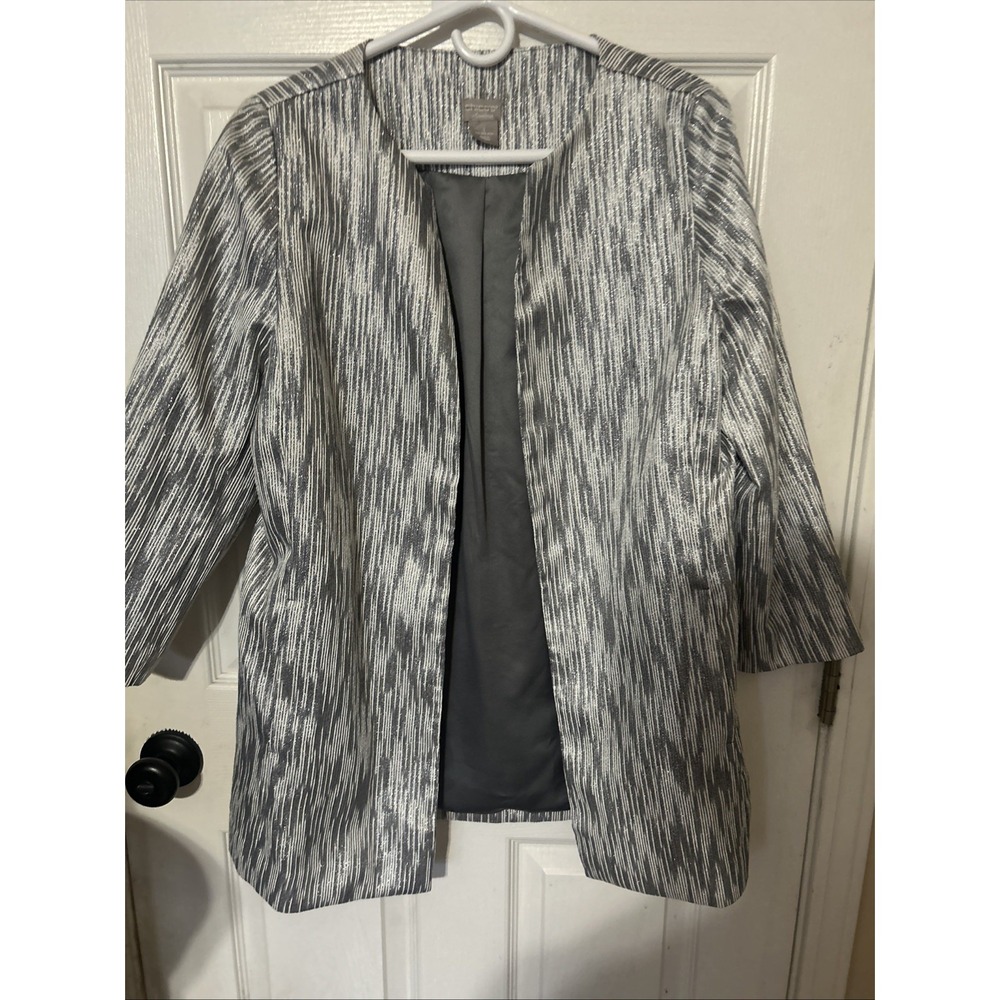 Chico's Striped Stretch Cotton Blazer White Metallic Silver Sz 1 Small